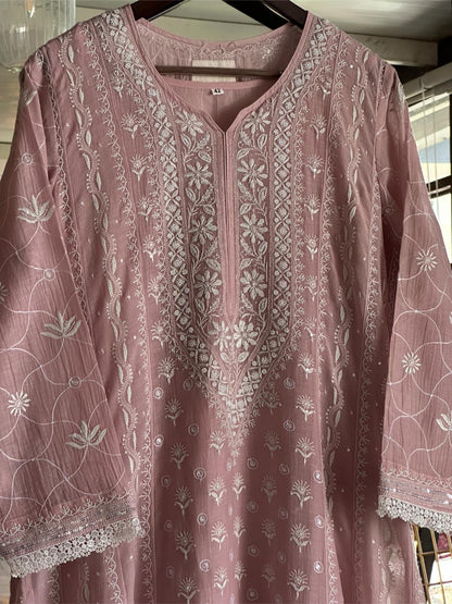 Pink Shade Malmal Pearl Work Chikankari Anarkali