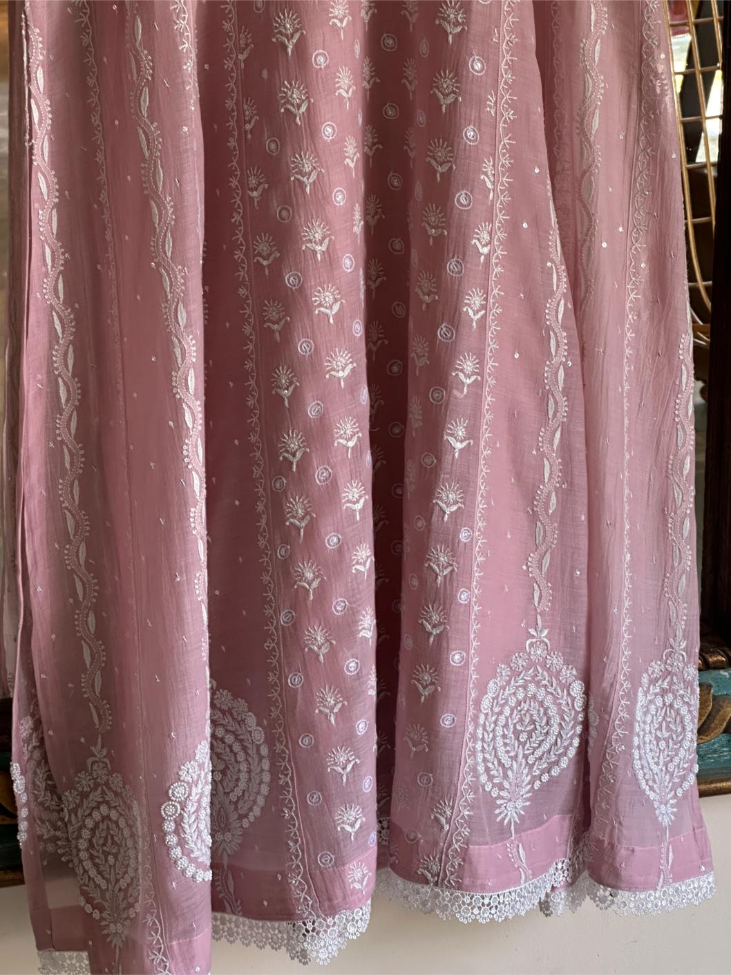 Pink Shade Malmal Pearl Work Chikankari Anarkali