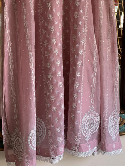 Pink Shade Malmal Pearl Work Chikankari Anarkali