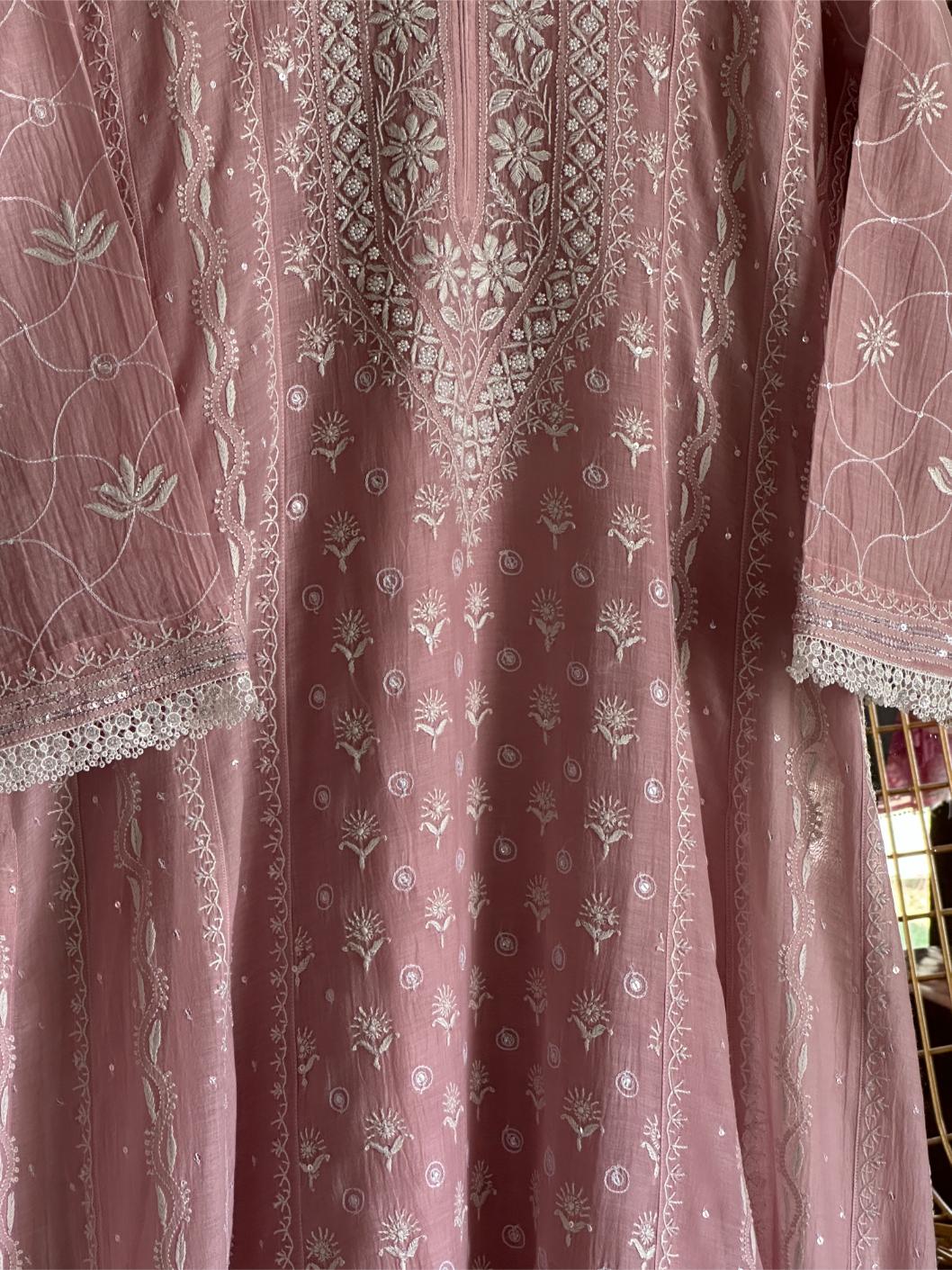 Pink Shade Malmal Pearl Work Chikankari Anarkali