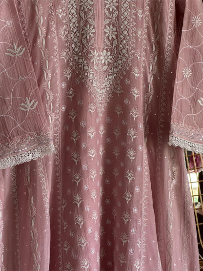 Pink Shade Malmal Pearl Work Chikankari Anarkali
