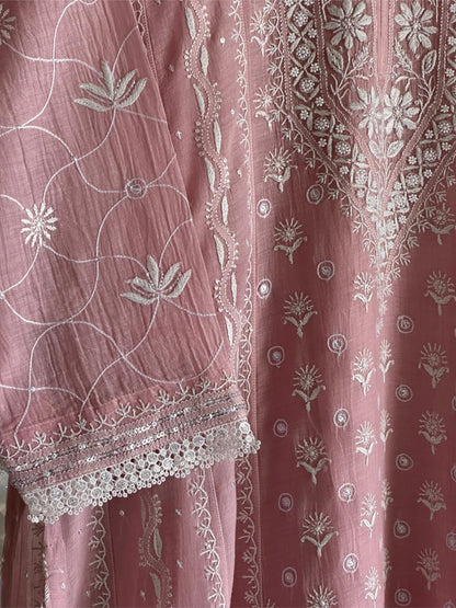 Pink Shade Malmal Pearl Work Chikankari Anarkali