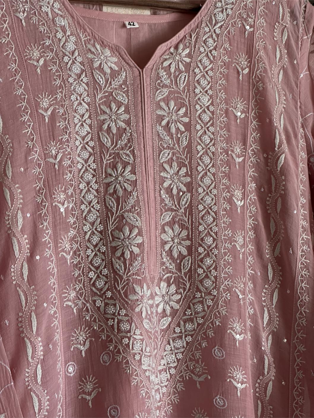 Pink Shade Malmal Pearl Work Chikankari Anarkali