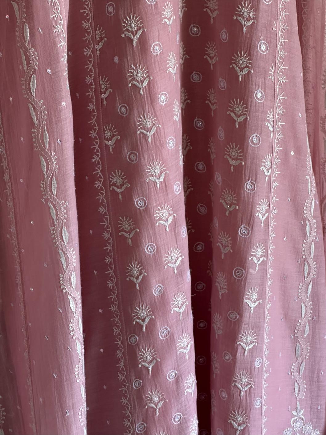 Pink Shade Malmal Pearl Work Chikankari Anarkali