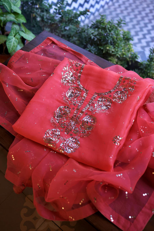 Pink Shade Noor Organza Silk Chikankari Unstitched Kurta Dupatta Set