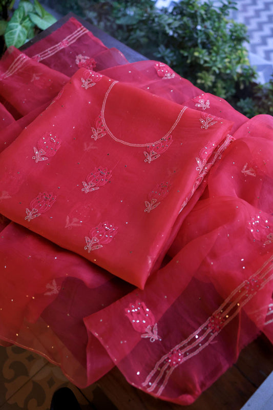 Pink Shade Organza Silk Chikankari Unstitched Fabric