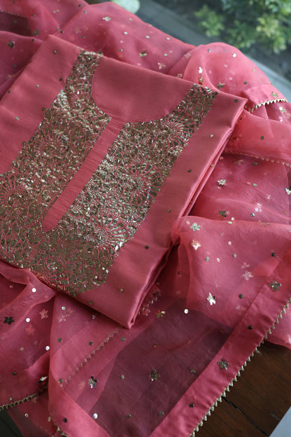 Pink Shade Roheen Tissue Silk Mukaish Badla Fabric