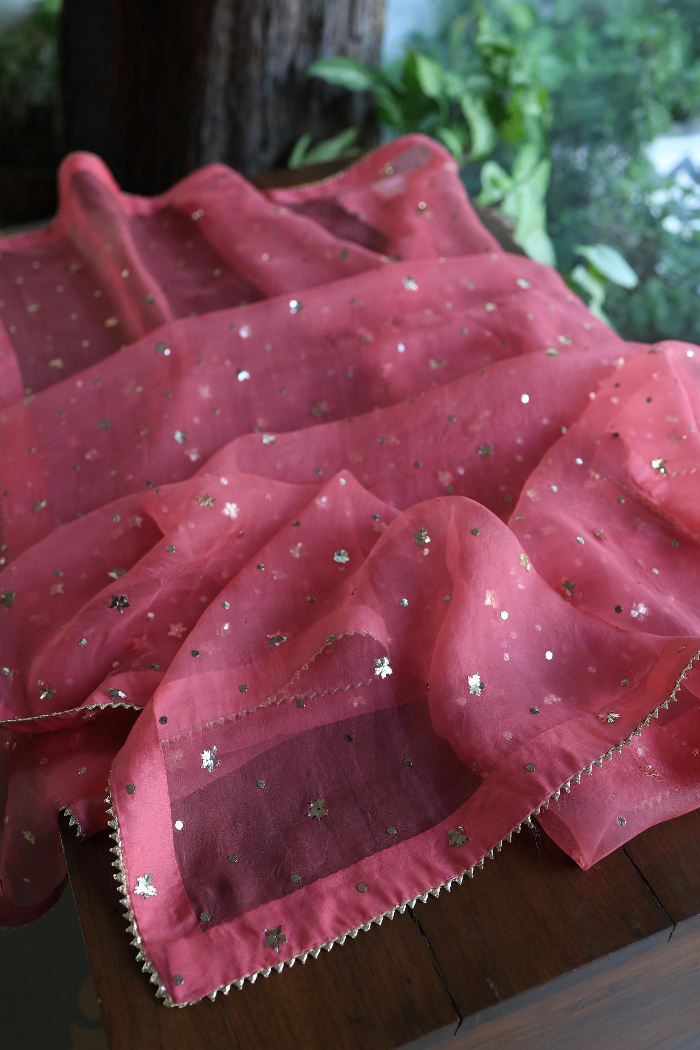 Pink Shade Roheen Tissue Silk Mukaish Badla Fabric