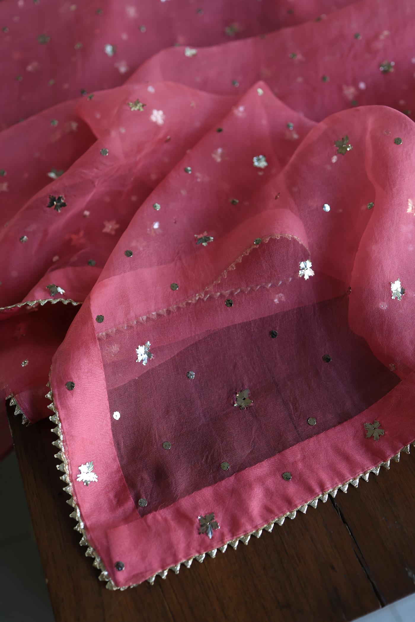 Pink Shade Roheen Tissue Silk Mukaish Badla Fabric