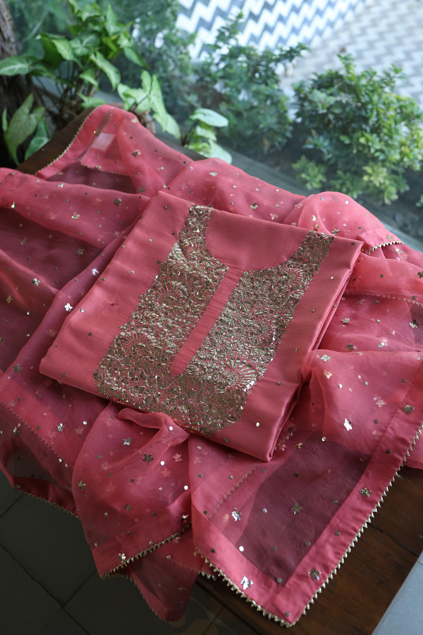 Pink Shade Roheen Tissue Silk Mukaish Badla Fabric