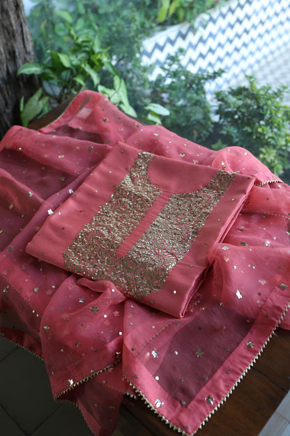 Pink Shade Roheen Tissue Silk Mukaish Badla Fabric