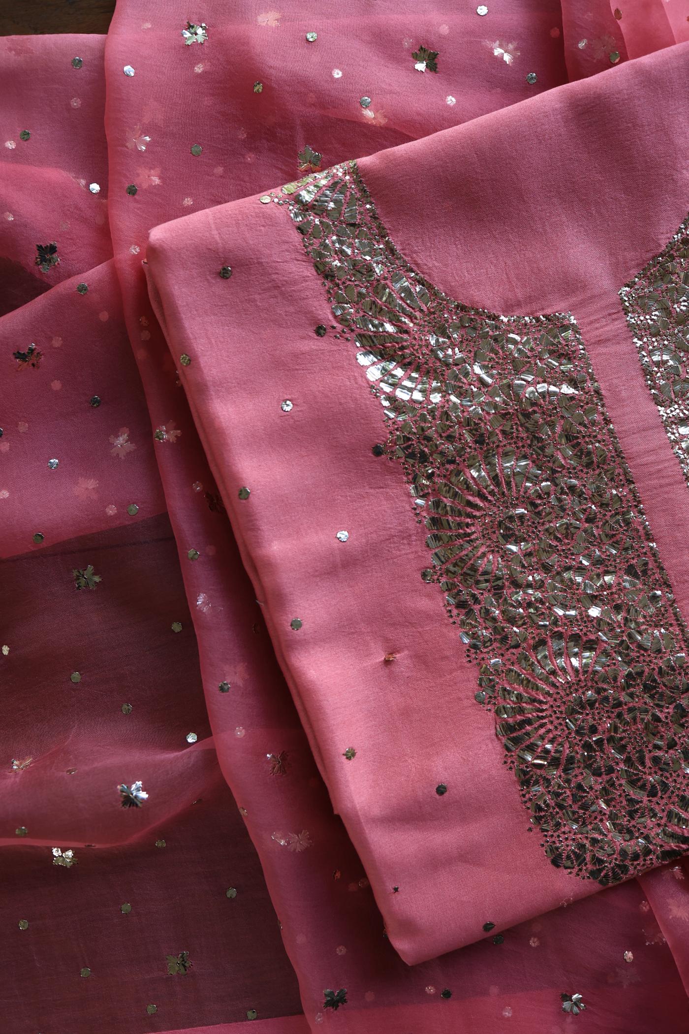 Pink Shade Roheen Tissue Silk Mukaish Badla Fabric