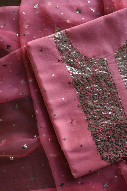 Pink Shade Roheen Tissue Silk Mukaish Badla Fabric