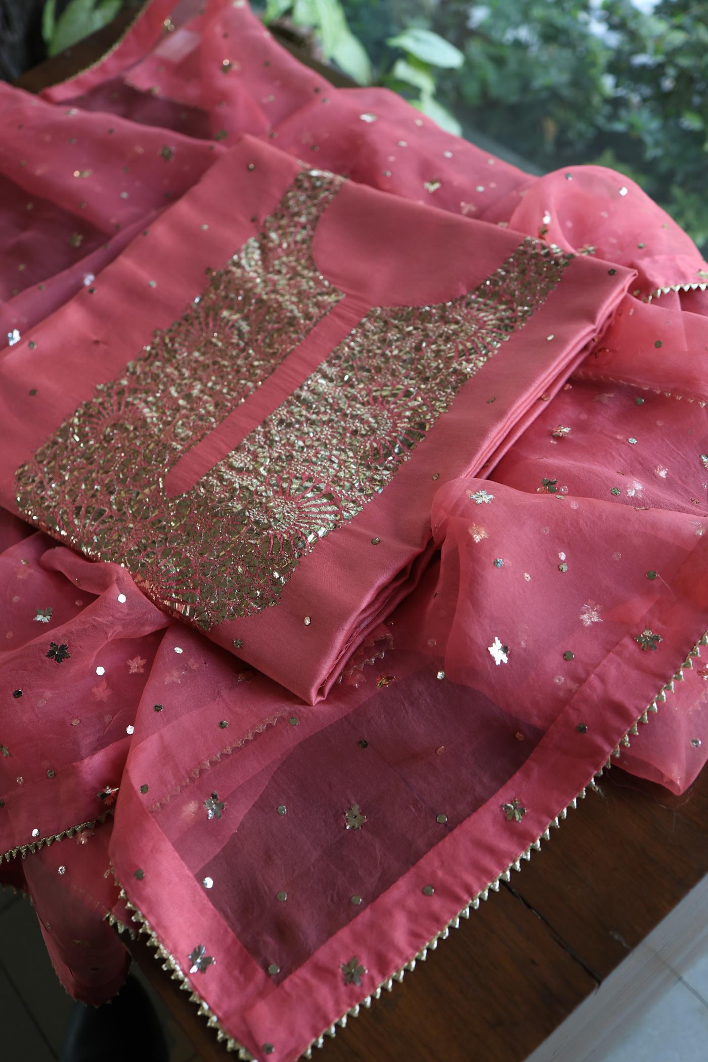 Pink Shade Roheen Tissue Silk Mukaish Badla Fabric