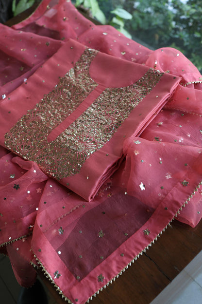 Pink Shade Roheen Tissue Silk Mukaish Badla Fabric