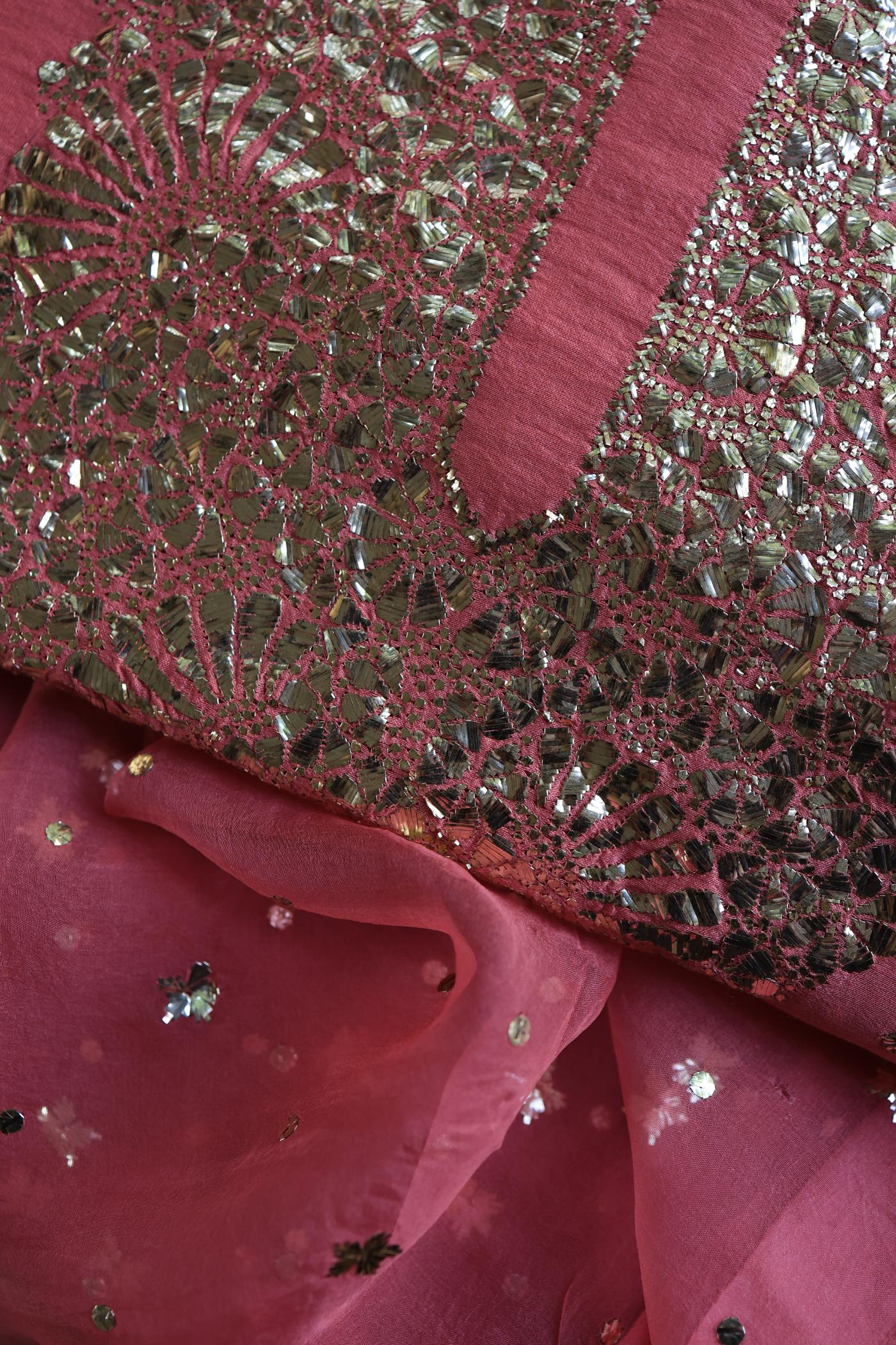 Pink Shade Roheen Tissue Silk Mukaish Badla Fabric