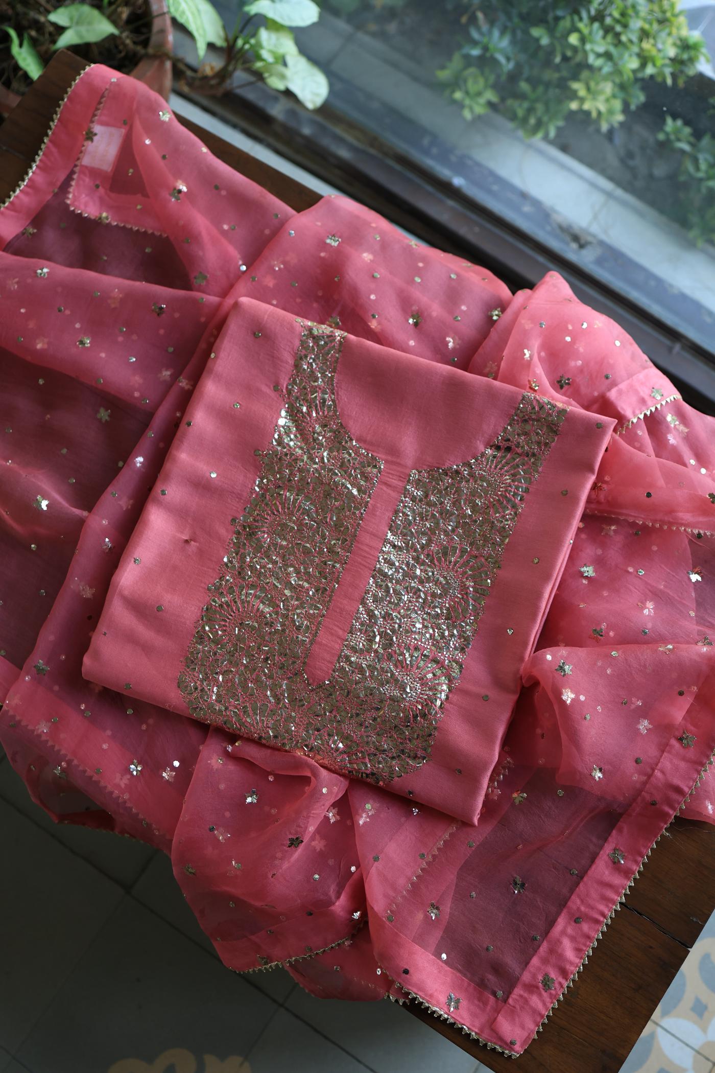 Pink Shade Roheen Tissue Silk Mukaish Badla Fabric