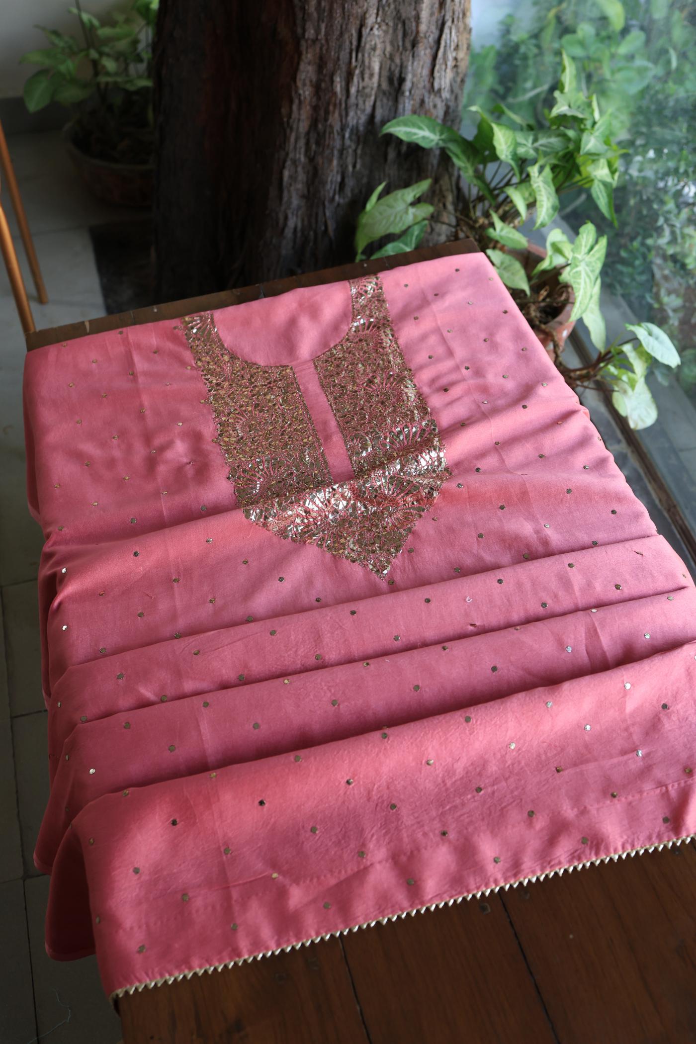 Pink Shade Roheen Tissue Silk Mukaish Badla Fabric