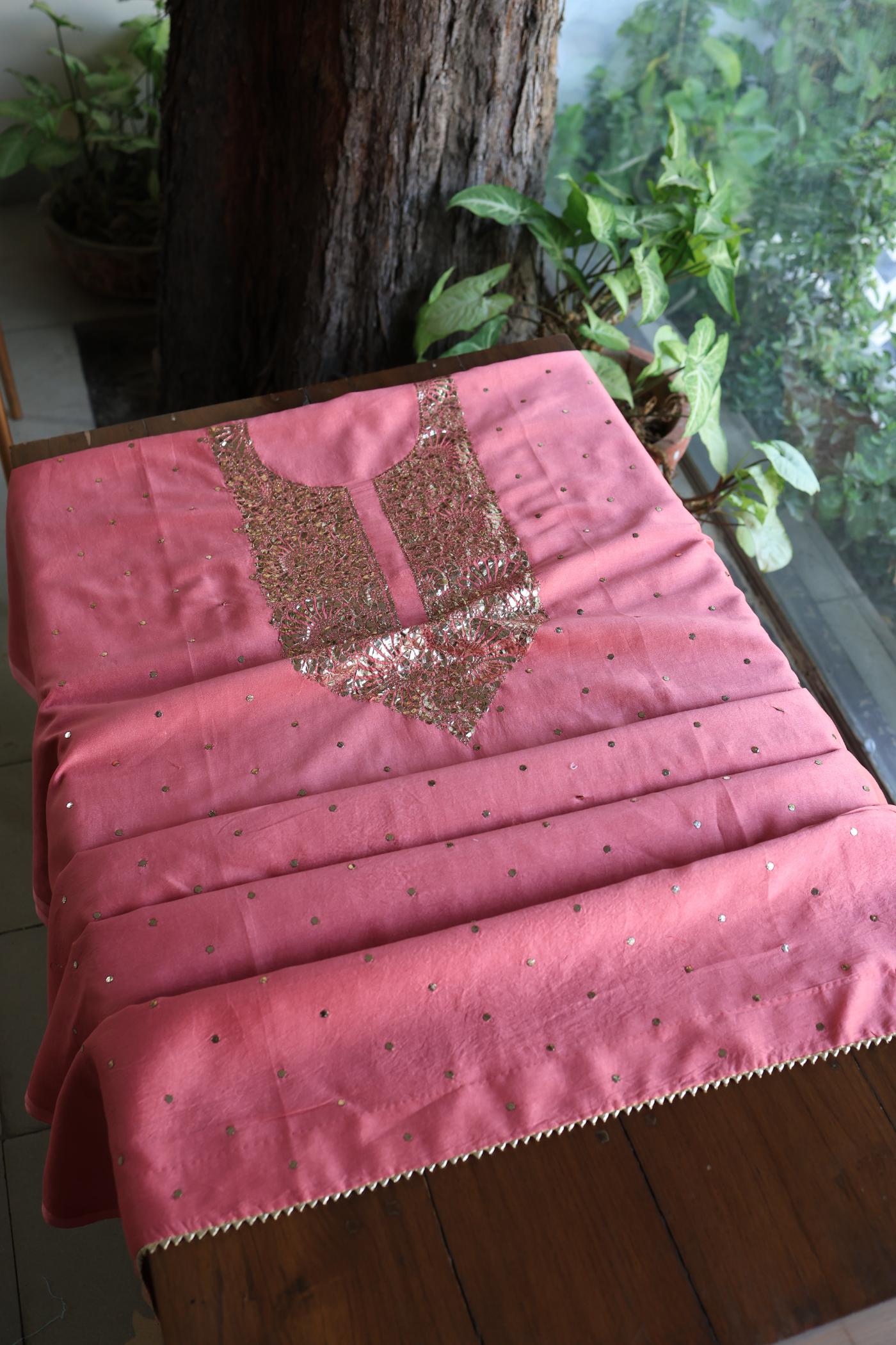 Pink Shade Roheen Tissue Silk Mukaish Badla Fabric