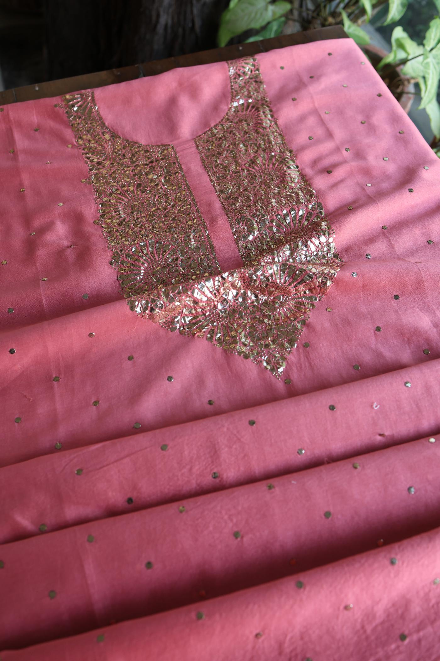 Pink Shade Roheen Tissue Silk Mukaish Badla Fabric