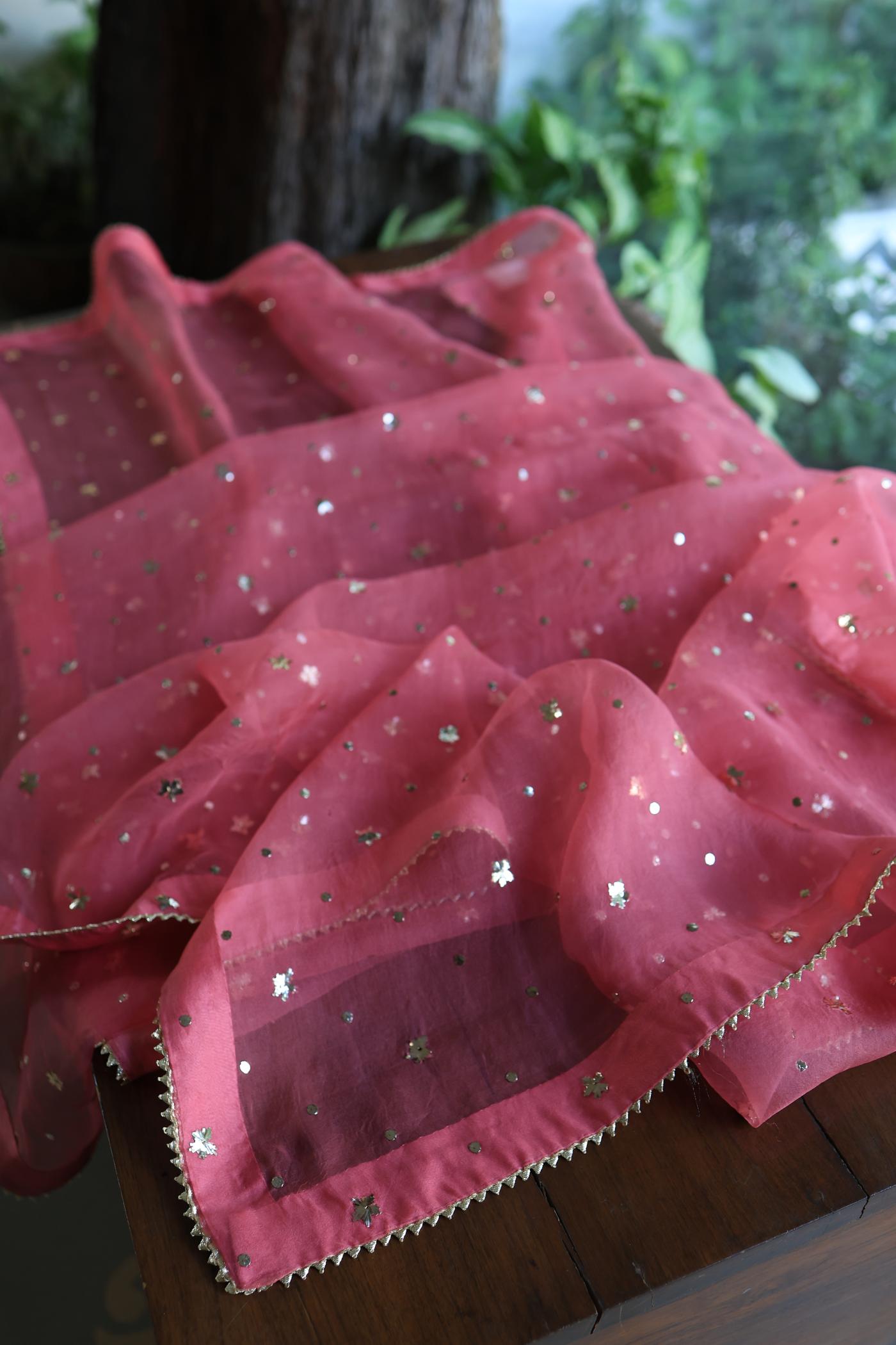 Pink Shade Roheen Tissue Silk Mukaish Badla Fabric