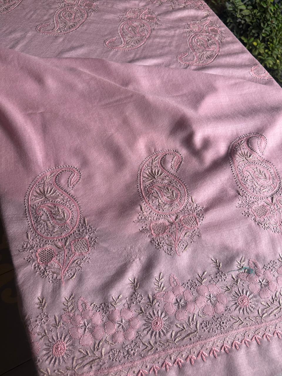 Pink Shade Saman Pashmina Resham Thread Fine Chikankari Shawl
