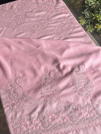Pink Shade Saman Pashmina Resham Thread Fine Chikankari Shawl