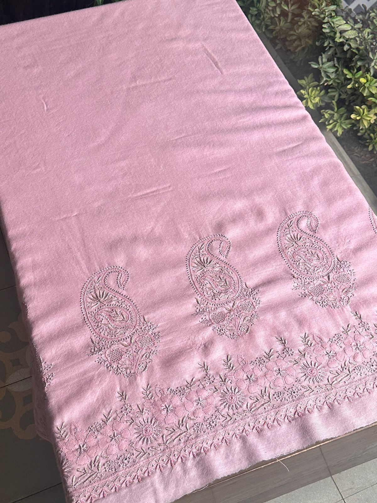 Pink Shade Saman Pashmina Resham Thread Fine Chikankari Shawl