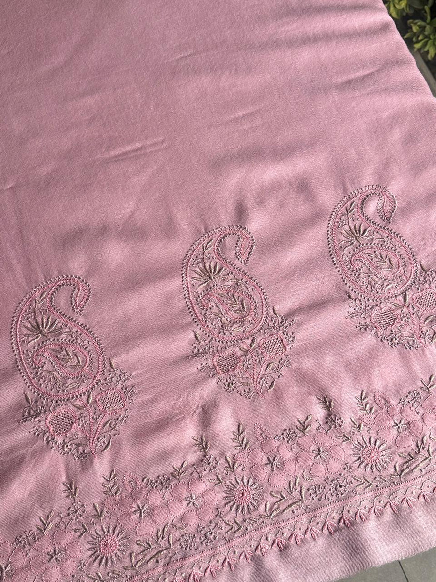 Pink Shade Saman Pashmina Resham Thread Fine Chikankari Shawl