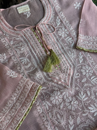 Pink Shade Semi Stitched Kota Tepchi Chikankari Kurta Dupatta Set