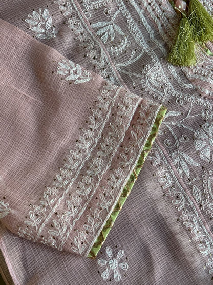 Pink Shade Semi Stitched Kota Tepchi Chikankari Kurta Dupatta Set
