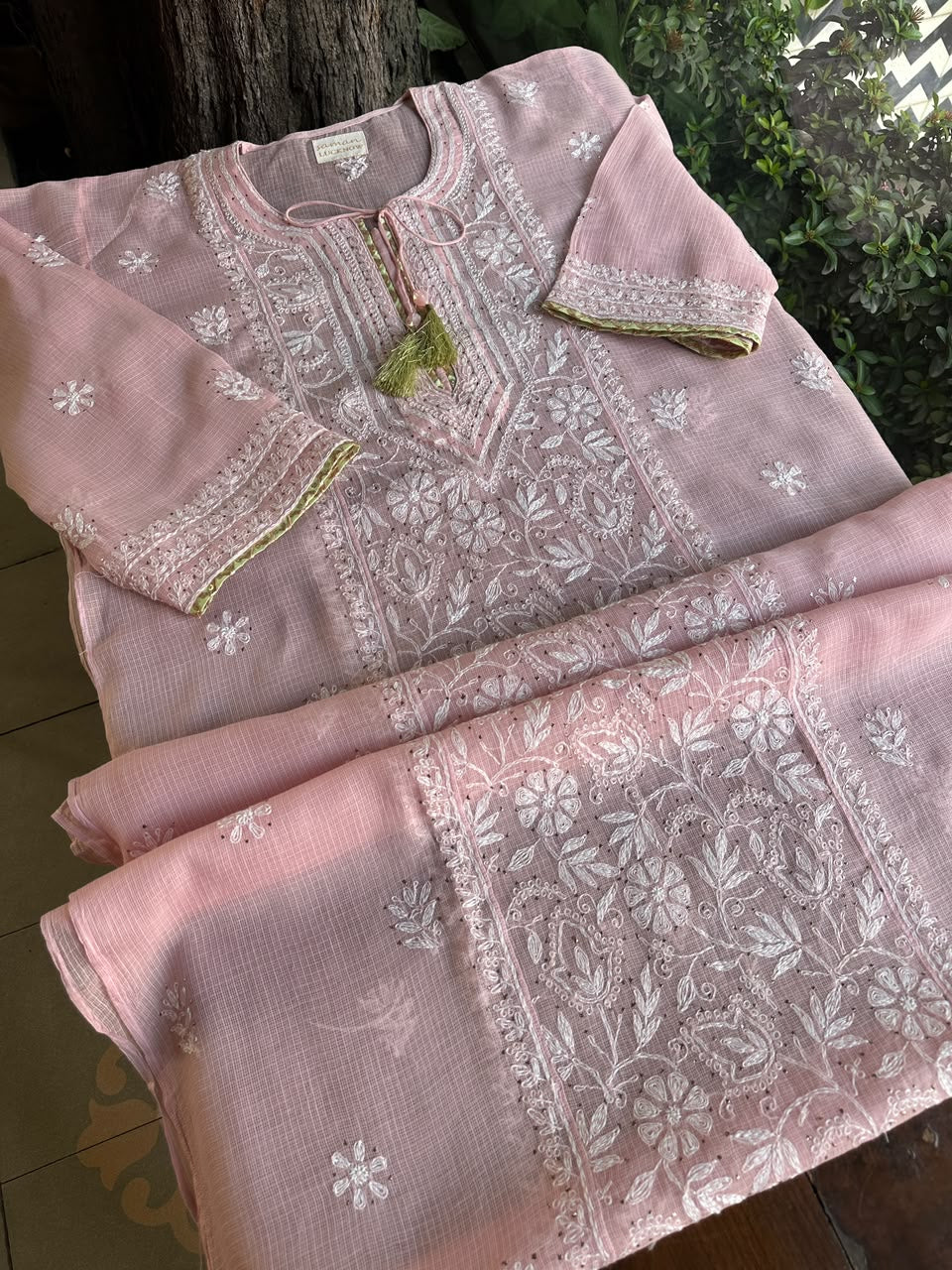 Pink Shade Semi Stitched Kota Tepchi Chikankari Kurta Dupatta Set