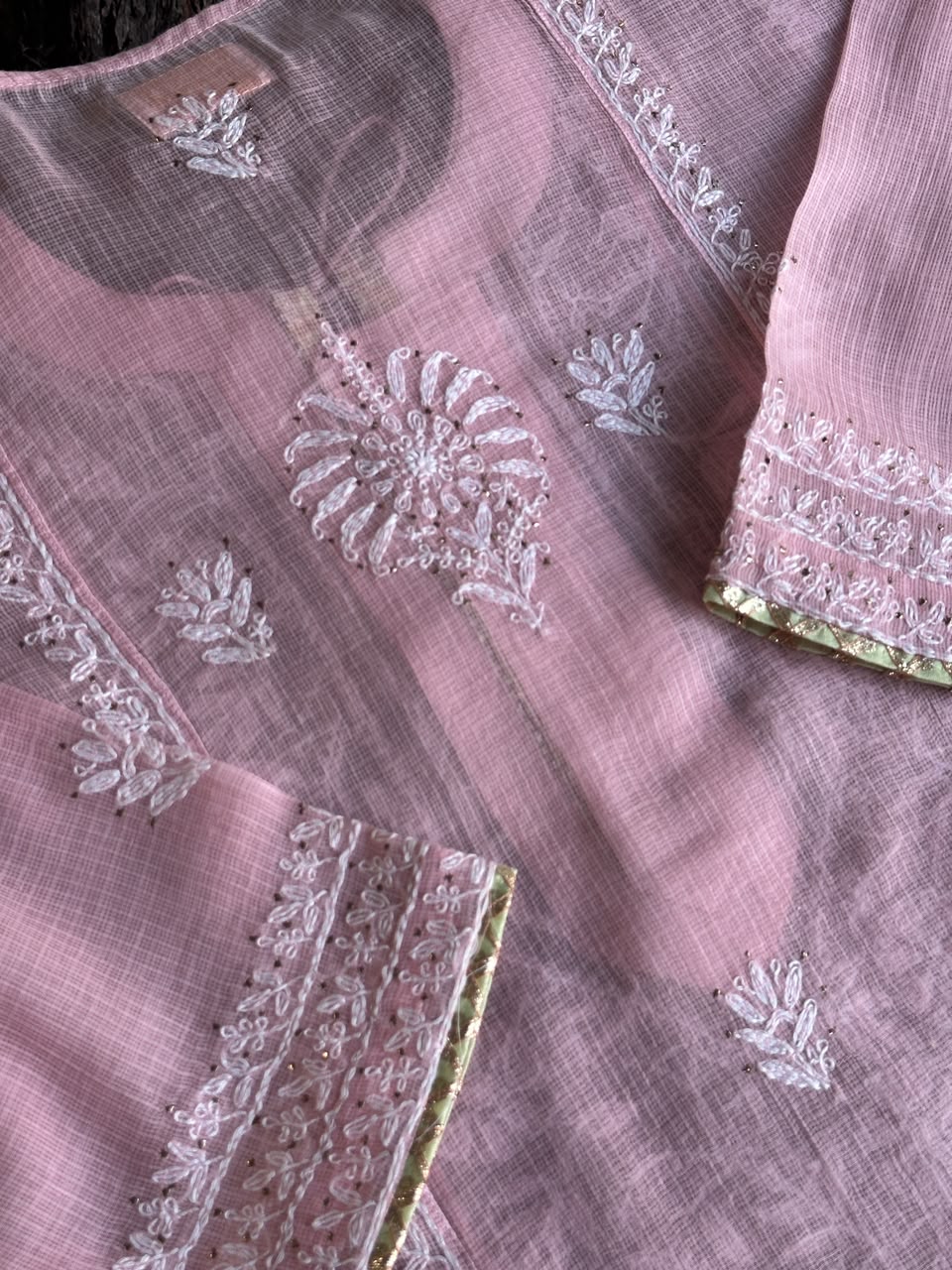Pink Shade Semi Stitched Kota Tepchi Chikankari Kurta Dupatta Set