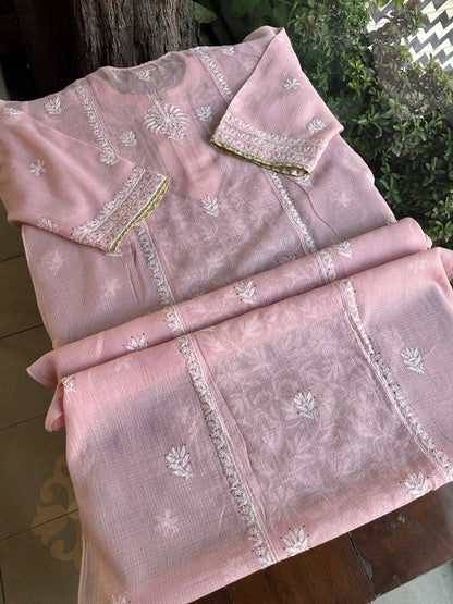 Pink Shade Semi Stitched Kota Tepchi Chikankari Kurta Dupatta Set
