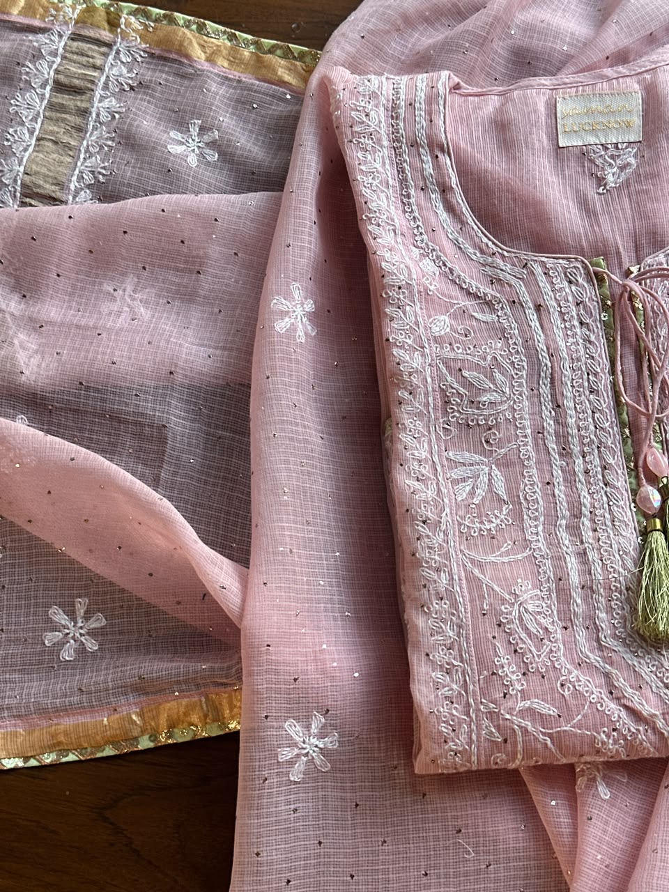Pink Shade Semi Stitched Kota Tepchi Chikankari Kurta Dupatta Set