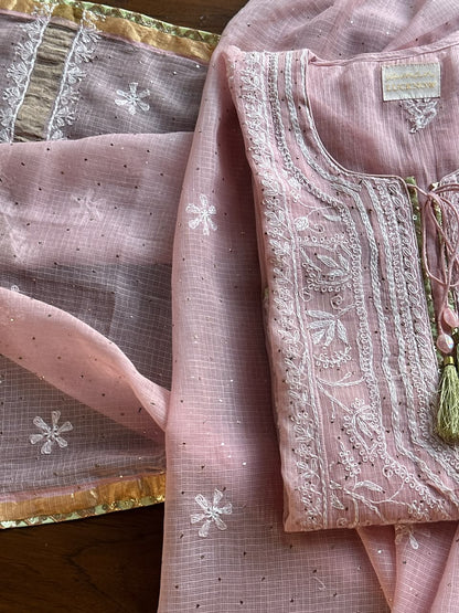 Pink Shade Semi Stitched Kota Tepchi Chikankari Kurta Dupatta Set