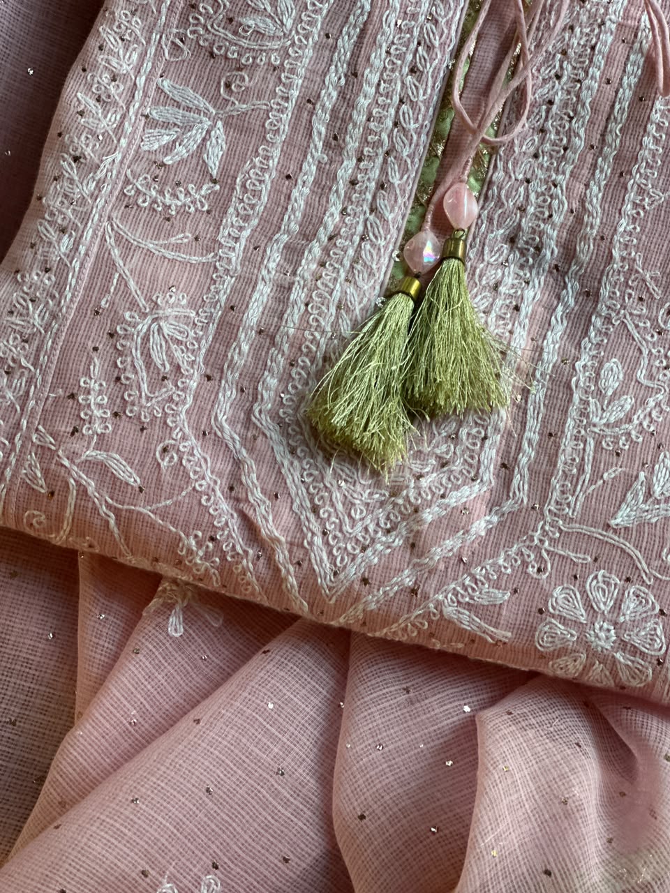 Pink Shade Semi Stitched Kota Tepchi Chikankari Kurta Dupatta Set