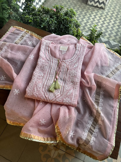 Pink Shade Semi Stitched Kota Tepchi Chikankari Kurta Dupatta Set