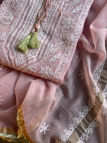 Pink Shade Semi Stitched Kota Tepchi Chikankari Kurta Dupatta Set