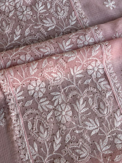 Pink Shade Semi Stitched Kota Tepchi Chikankari Kurta Dupatta Set
