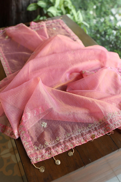 Sorbet Pink Shade Shade Tissue Kota Chikankari Unstitched Fabric