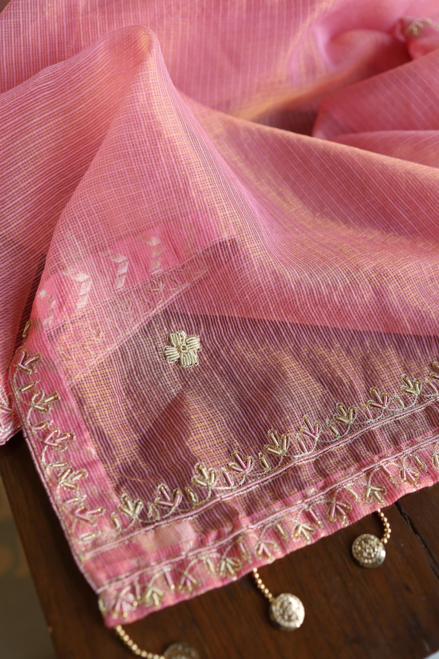 Sorbet Pink Shade Shade Tissue Kota Chikankari Unstitched Fabric