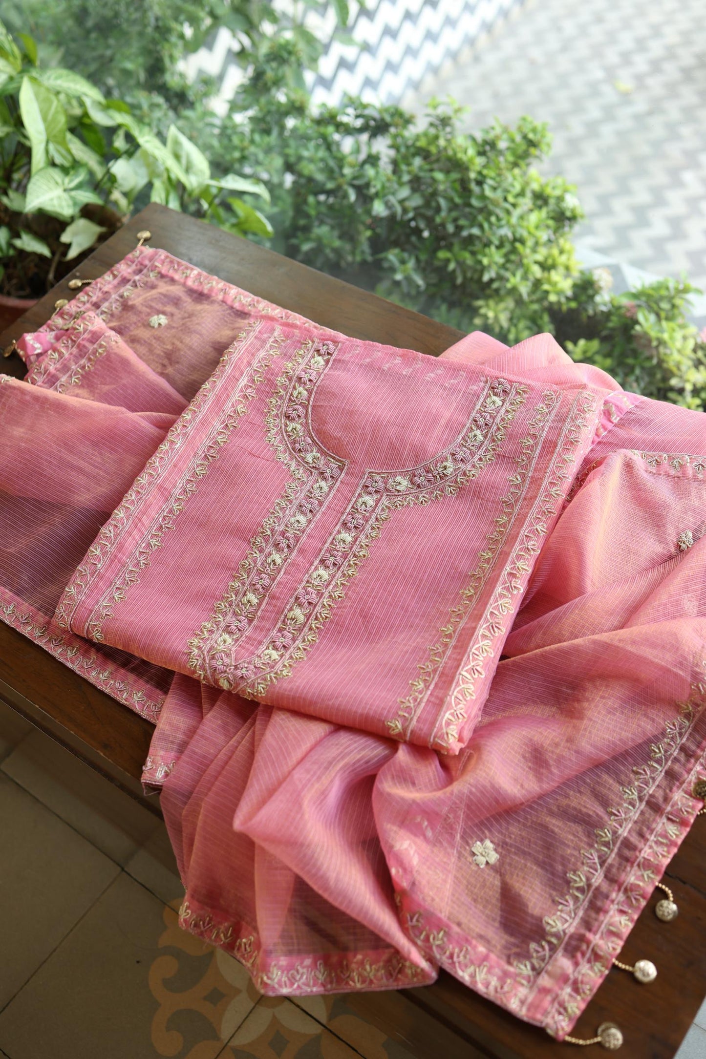Sorbet Pink Shade Shade Tissue Kota Chikankari Unstitched Fabric