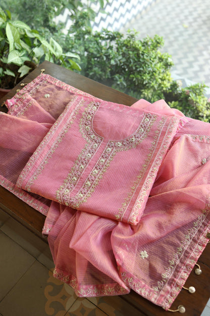 Sorbet Pink Shade Shade Tissue Kota Chikankari Unstitched Fabric