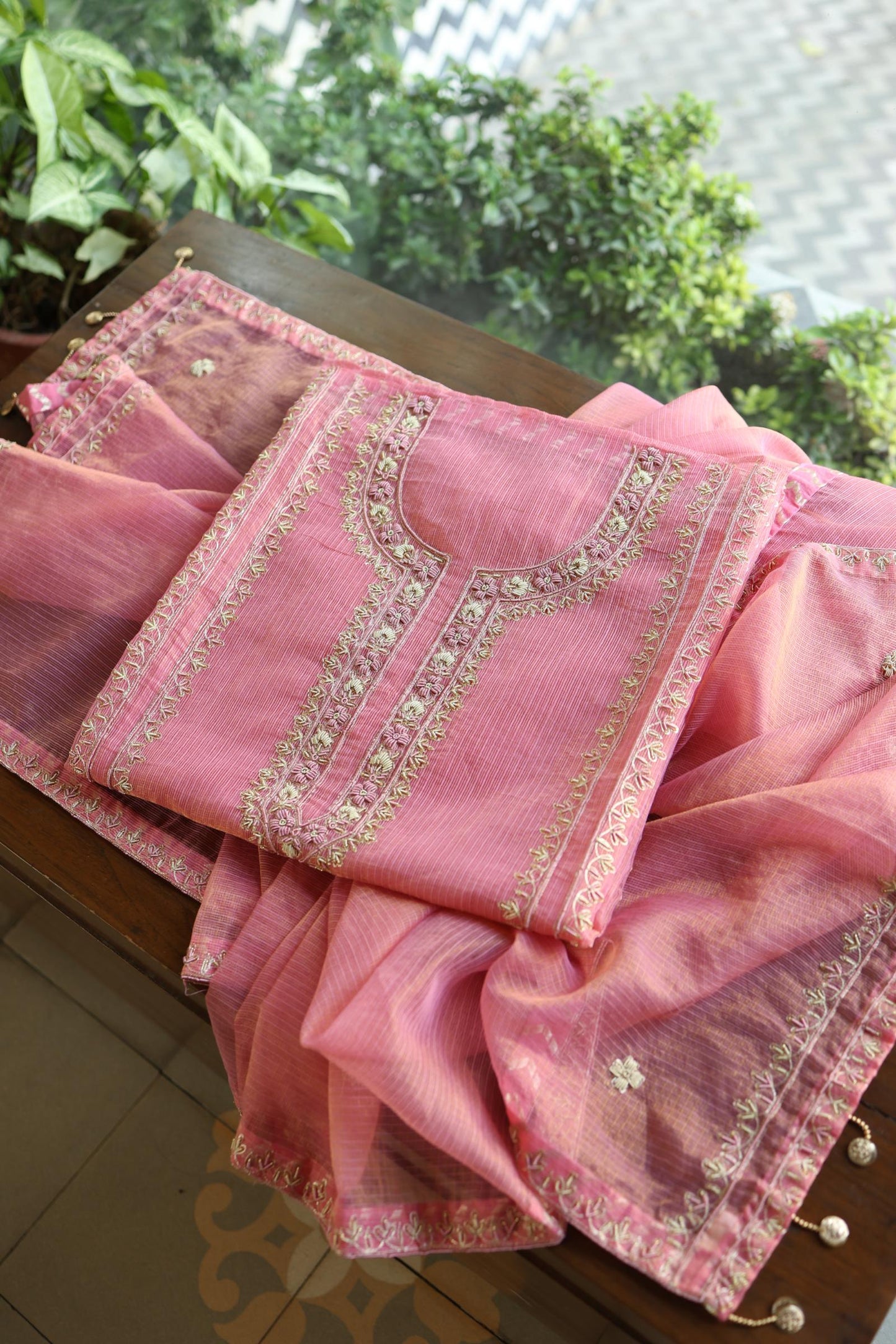 Sorbet Pink Shade Shade Tissue Kota Chikankari Unstitched Fabric
