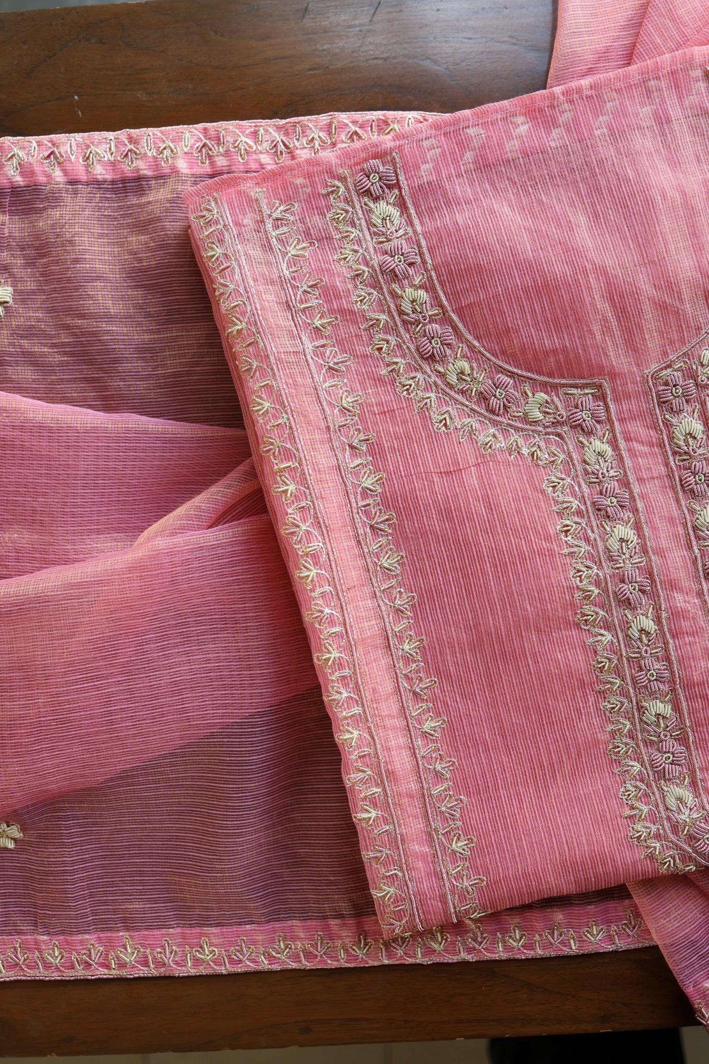 Sorbet Pink Shade Shade Tissue Kota Chikankari Unstitched Fabric