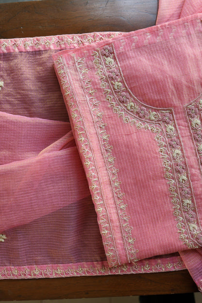 Sorbet Pink Shade Shade Tissue Kota Chikankari Unstitched Fabric