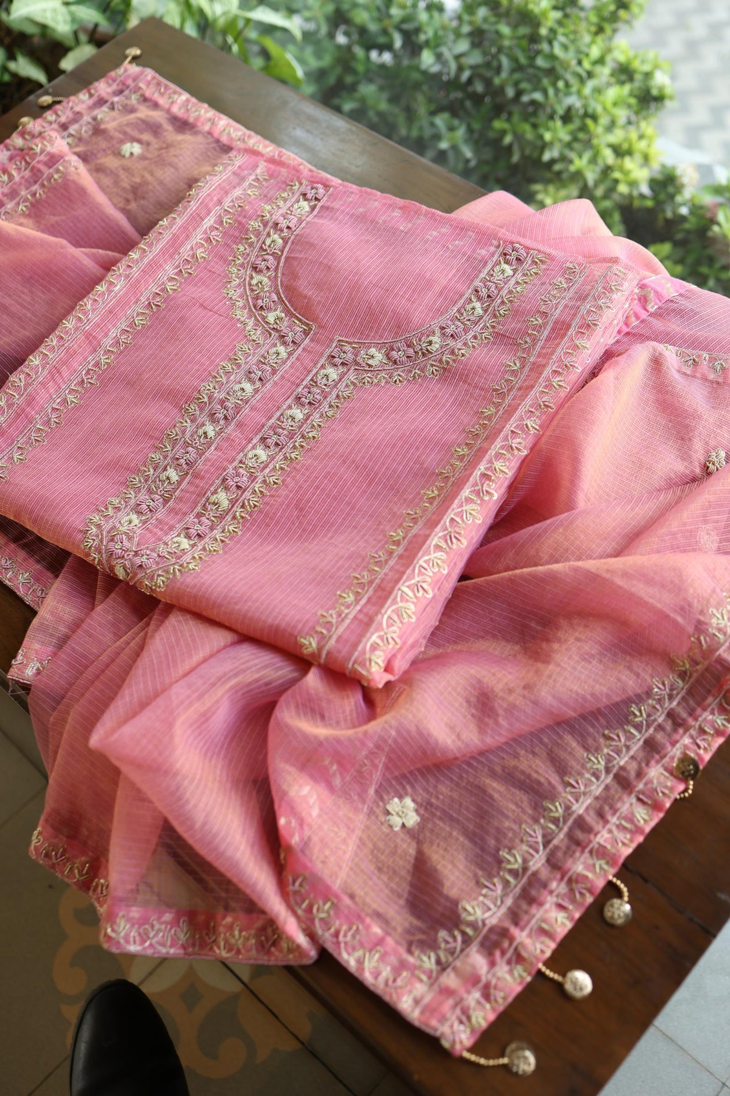 Sorbet Pink Shade Shade Tissue Kota Chikankari Unstitched Fabric