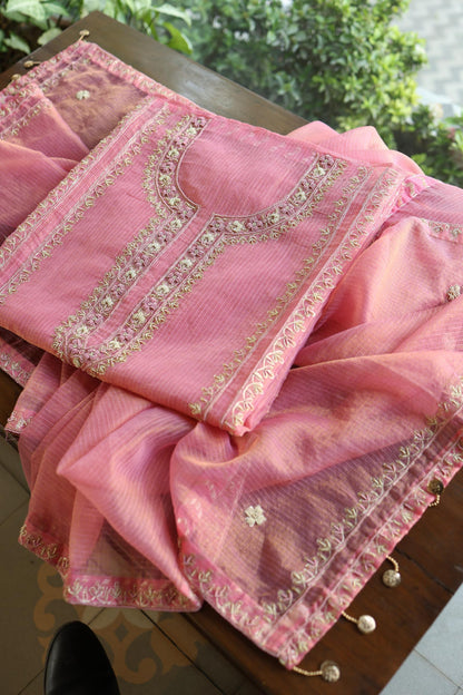 Sorbet Pink Shade Shade Tissue Kota Chikankari Unstitched Fabric