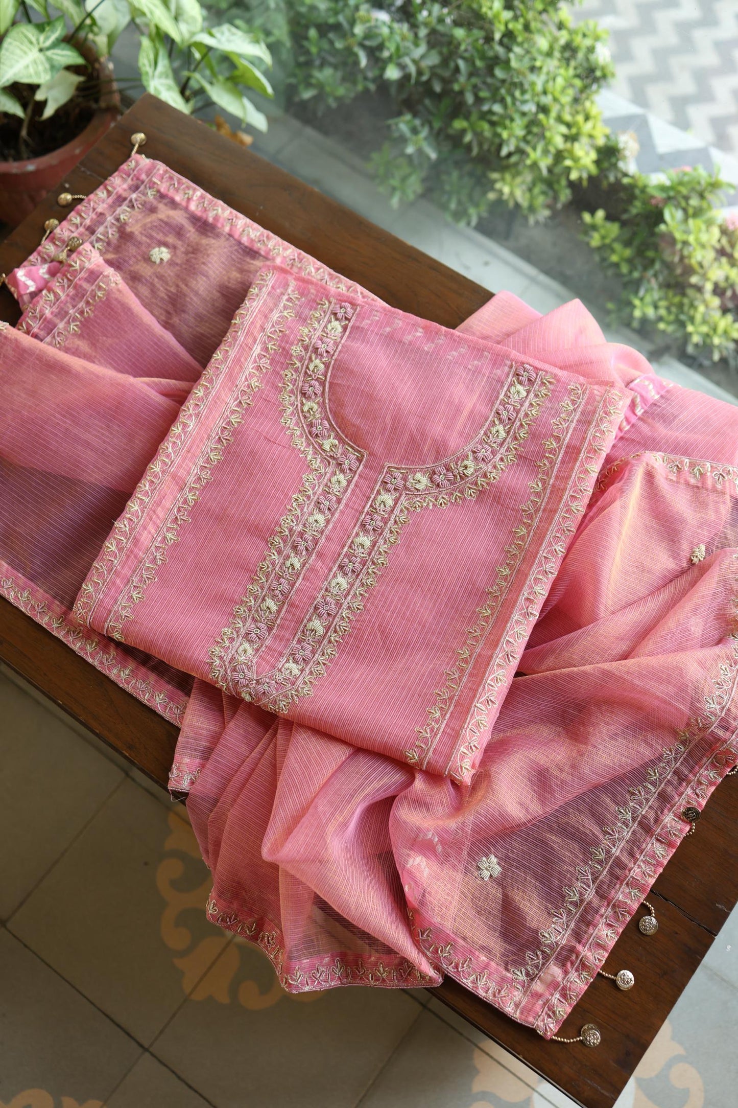 Sorbet Pink Shade Shade Tissue Kota Chikankari Unstitched Fabric